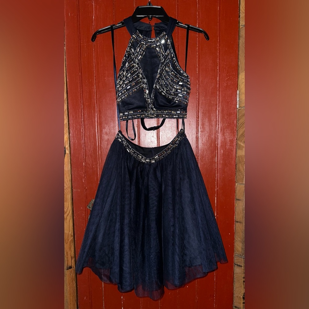Navy Blue Two Piece Dress With Gems, Homecoming